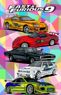 four different colored sports cars on a colorful background with the words fast and fabulous 9