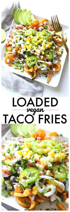 loaded vegan taco fries on a white plate