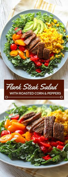 steak salad with roasted corn and peppers served on a white platter over a wooden table