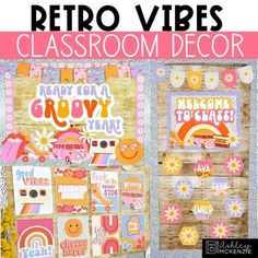 a classroom decor project with the words retro vibes in pink, yellow and orange