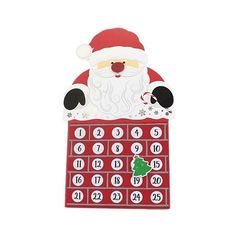 a santa clause is sitting on top of a red and white calendar with numbers in it