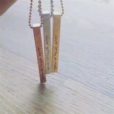 Vertical Custom handwriting necklace, 4 side engraved bar necklace, actual handwritten pendant, cuboid pendant, signature necklace. Long shiny 16k gold, rose gold or silver plated bar pendant - customized gift for so many occasions and perfect for both men and women. The Bar measures 4x50mm and the snake style necklaces is available in 18", 22" or 26" I can engrave up to 4 sides on this pendant - choose handwriting, dates, phrase, symbol or anything no longer then 3 words. ALSO AVAILABLE WITH BI Handwriting Necklace Custom, Handwriting Necklace, Engraved Bar Necklace, Signature Necklace, Bar Pendant, The Snake, Necklace Long, Perfume Spray, Bar Necklace