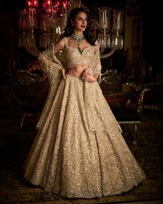 Indian Bridal Dresses & Bridal Wear | Panache by Sharmeen White Bridal Lehenga, French Notes, Cancan Lehenga, Seema Gujral, Gold Lehenga, Floral Lehenga, Crystal Embroidery, Padded Blouse, Party Wear Indian Dresses