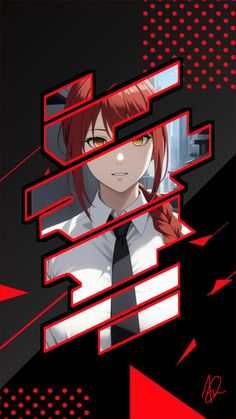 an anime character with red hair wearing a tie and white shirt, standing in front of a black background