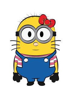 a cartoon minion with glasses and a bow on her head, wearing overalls