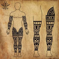 an ancient drawing of two men with different designs on their arms and legs, one man is