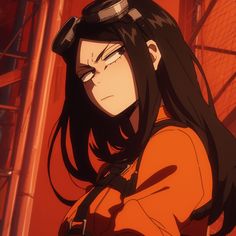 an anime character with long black hair standing in front of a red wall and looking at the camera