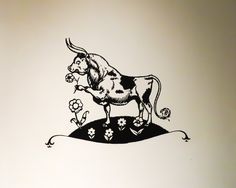 a black and white drawing of a cow standing on top of a hill with flowers