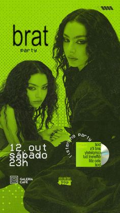 two women sitting next to each other in front of a green background with the words brat party on it