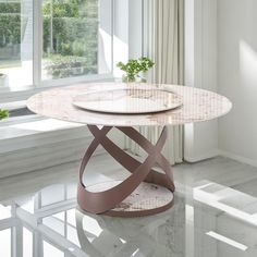 a round table with two circular plates on it and a plant in the corner next to it