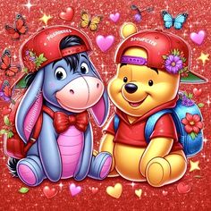 winnie the pooh and piglet are sitting next to each other on a red background