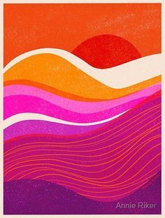 an orange, pink and purple abstract painting with waves in the foreground that reads annie riker