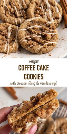 vegan coffee cake cookies with streusal filling and vanilla icing on top