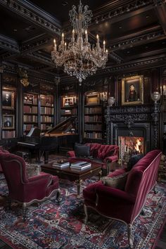 a living room filled with lots of furniture and a chandelier hanging from the ceiling