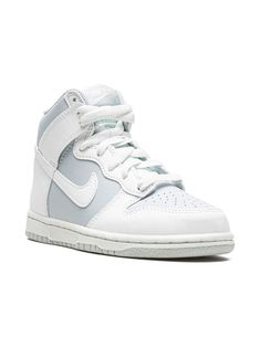 Dunk High sneakers from NIKE KIDS featuring white, pure platinum grey, leather, tonal design, ankle-length, branded insole, signature Swoosh logo detail and perforated toebox. These styles are supplied by a premium sneaker marketplace. Stocking only the most sought-after footwear, they source and curate some of the most hard to find sneakers from around the world.. Nike Kids Shoes, Slouch Socks, Preppy Shoes, Platinum Grey, Cute Nike Shoes, High Sneakers, Dunk High, Cute Nikes, Swoosh Logo