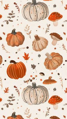 a white background with pumpkins, mushrooms and leaves