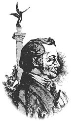 a black and white drawing of a man with a bird on his head next to a statue