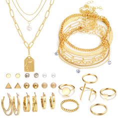 PRICES MAY VARY. What you get: You will get 33 pieces different styles gold jewelry set with 3 pieces necklaces, 18 pieces earrings, 6 pieces bracelets and 6 pieces rings, adding a beautiful comprehensive set to your jewelry collection. Each is a different style, satisfy ladies different everyday dress up demands. Different women gold jewelry have different glamour. Premium material: Our women jewelry are made of high quality alloy, nickel-free and lead-free, not cause any damage to human body a Cheap Adjustable Alloy Jewelry Sets, Amazon Jewelry Finds Earrings, Meesho Jewelry, Christmas Bead Necklace, Women Gold Jewelry, Gold Earrings Set, Gold Jewelry Set, Special Gifts For Him, Amazon Jewelry