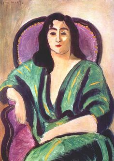 a painting of a woman in a green dress sitting on a purple chair with her arms crossed