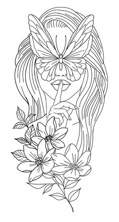 a drawing of a woman's face with flowers and leaves around her neck, in black and white