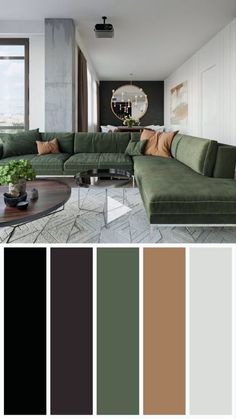 a living room filled with furniture and lots of color swatches in shades of brown, green