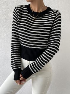 Black and White Casual Collar Long Sleeve Fabric Striped Pullovers Embellished Slight Stretch  Women Knitwear Flower Shoot, White Striped Sweater, Stripe Outfits, Round Neck Sweater, Women Sweaters, Round Neck Sweaters, Striped Sweater, White Casual, White Sweaters