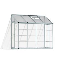 a white greenhouse with glass walls and windows on the side, in front of a white background