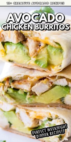 two chicken burritos stacked on top of each other with avocado in the middle