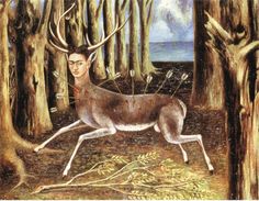 a painting of a deer in the woods with trees and water behind it that has an image of a man's face on its back