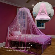 a pink canopy bed with stars on it and a quote about how to use it