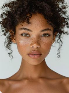 a woman with freckles on her face and shoulder is looking at the camera