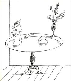 a drawing of a table with a vase on it and an arrow sticking out of the top