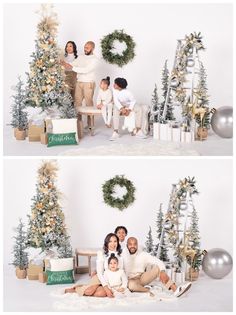 two photos of a family sitting in front of christmas trees