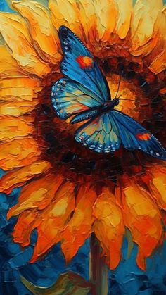 a painting of a blue butterfly on a yellow sunflower