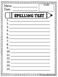 a spelling test sheet with the words spelling test written on it and an arrow pointing up to