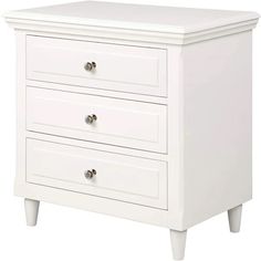 a white dresser with three drawers and two handles on the bottom, in front of a white background