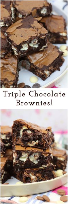 triple chocolate brownies stacked on top of each other