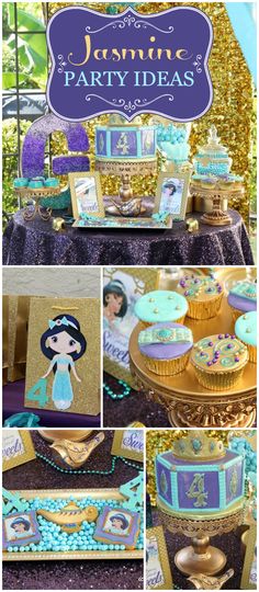 an image of a party with cupcakes and cakes on the table in blue and gold