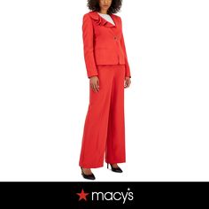 in stock Elegant Fall Ruffled Sets, Elegant Ruffled Sets For Fall, Elegant Fall Sets With Ruffles, Chic Spring Career Suits, Chic Spring Suits For Career, Spring Ruffled Blazer For Work, Spring Blazer With Ruffles For Workwear, Spring Workwear Blazer With Ruffles, Fitted Ruffled Workwear Pants