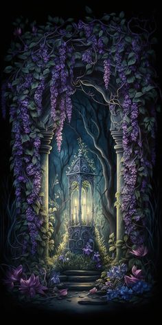 a painting of a lantern in the middle of a forest with purple flowers on it