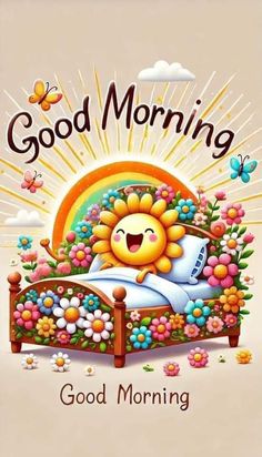 good morning card with sun and flowers on the bed in front of a rainbow background