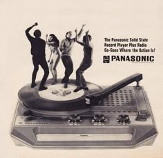 an advertisement for the panasonic turntable with three people dancing on top of it