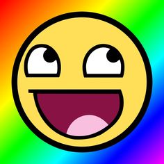 an emoticive smiley face in front of a rainbow - colored background with eyes