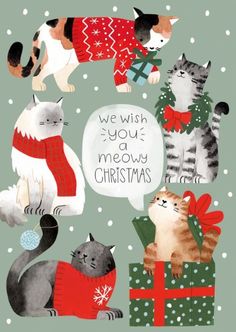 a christmas card with cats in sweaters and presents