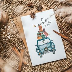 a drawing of a car with christmas presents on top, surrounded by pine cones and cinnamon sticks