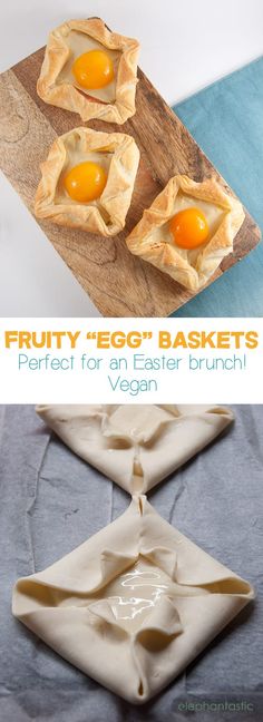 an egg in a basket on top of a wooden cutting board next to other food items