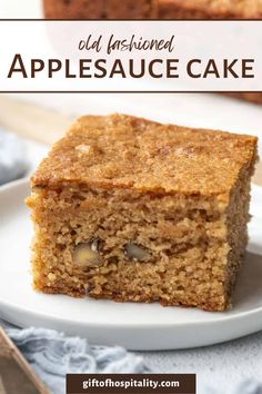 a piece of appleauce cake on a white plate with the title above it