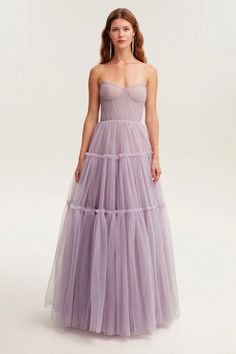 Evening Philosophy Tulle Maxi Dress | Jewelclues #color_lilac Tiered Evening Gown, Tulle Tiered Dress, Moh Dress, Tulle Bodice, Summer Board, Tulle Maxi Dress, Soft Tulle, Lilac Dress, Gothic Dress