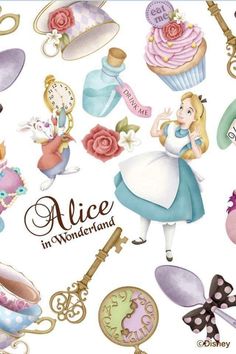 an image of alice in wonderland with many things to see on the page, including cupcakes and other items