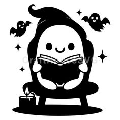 a black and white silhouette of a person reading a book with bats flying around them